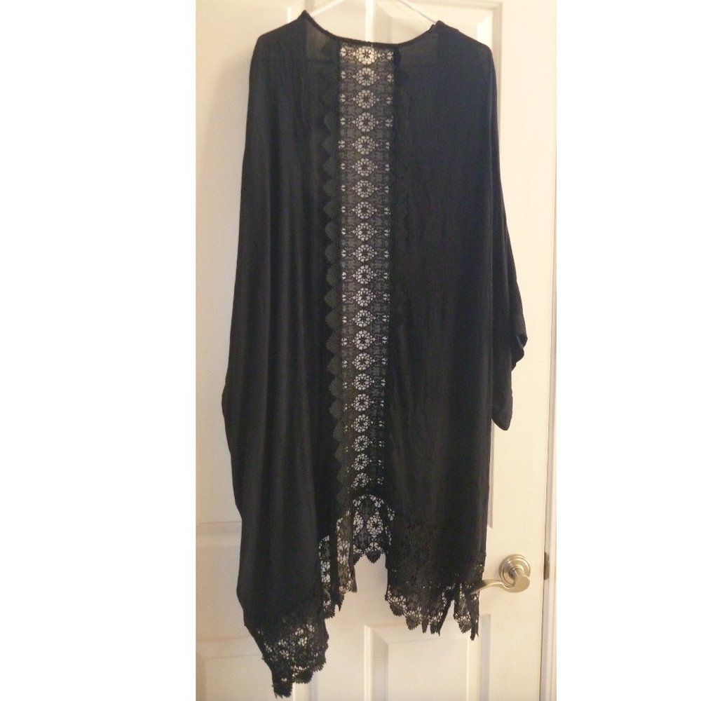 Womens Black Lace Beach Swim CoverUp Size Med cardigan style Gauzy NWT
